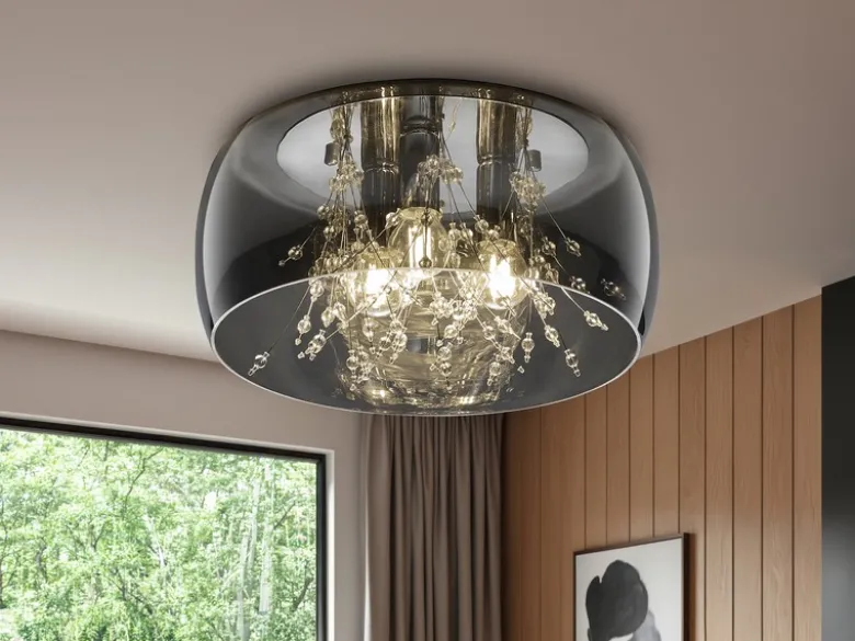 Kristall Deckenleuchte CRYSTEL Glas Chrom verspiegelt & Rauchglas Optik, Ø 34cm