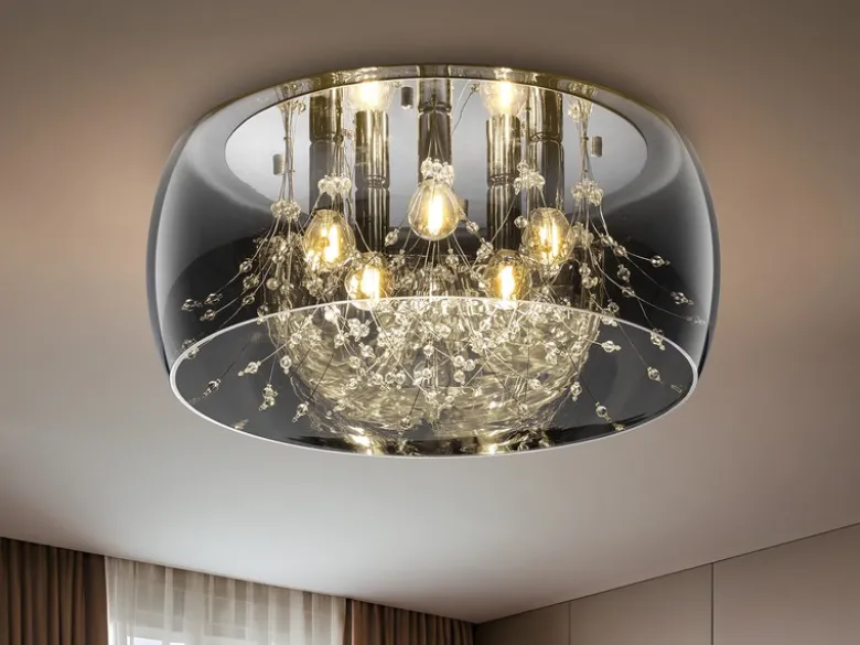 Kristall Deckenleuchte CRYSTEL Glas Chrom verspiegelt & Rauchglas Optik, Ø 50cm