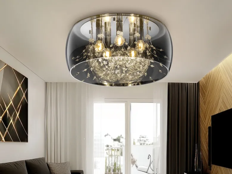 Kristall Deckenleuchte CRYSTEL Glas Chrom verspiegelt & Rauchglas Optik, Ø 50cm