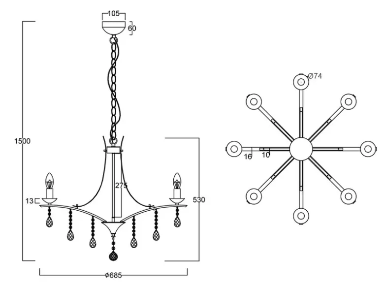 Kronleuchter Lüster LUCERNA Silber mit Kristallbehang, 8-flammig Ø 68cm