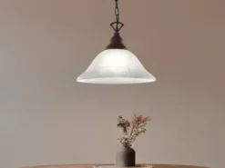 Landhaus LED Pendelleuchte in Rostoptik mit Glasschirm Weiß, Ø 33,5cm
