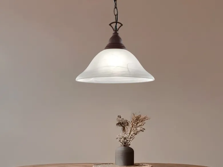 Landhaus LED Pendelleuchte in Rostoptik mit Glasschirm Weiß, Ø 33,5cm