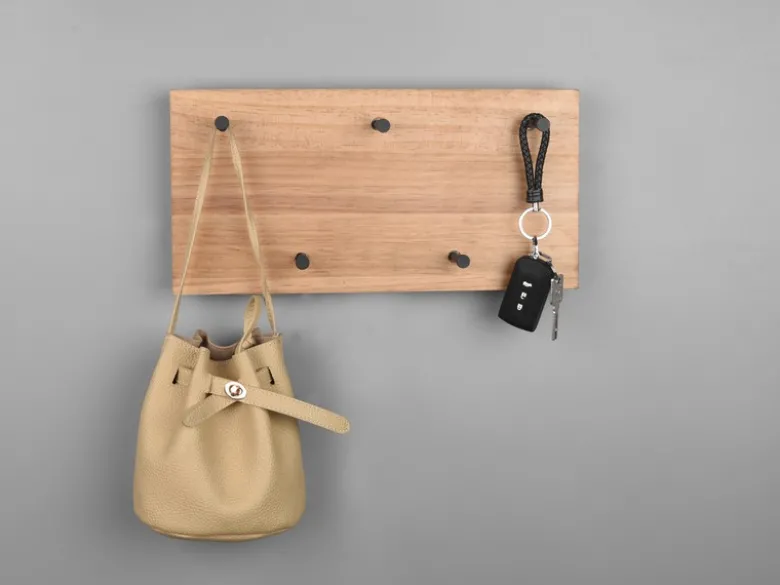 LED Holzbalken Wandgarderobe SAMANTHA mit 5 Haken 40x20cm