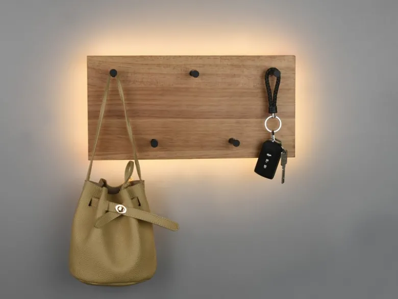 LED Holzbalken Wandgarderobe SAMANTHA mit 5 Haken 40x20cm