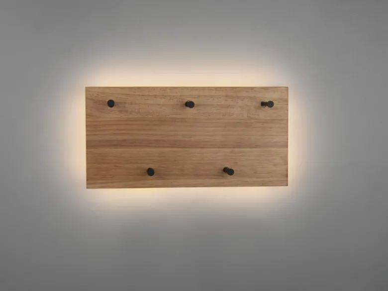 LED Holzbalken Wandgarderobe SAMANTHA mit 5 Haken 40x20cm