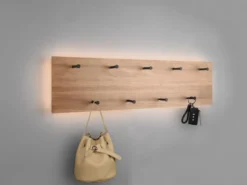 LED Holzbalken Wandgarderobe SAMANTHA mit 9 Haken 75x30cm