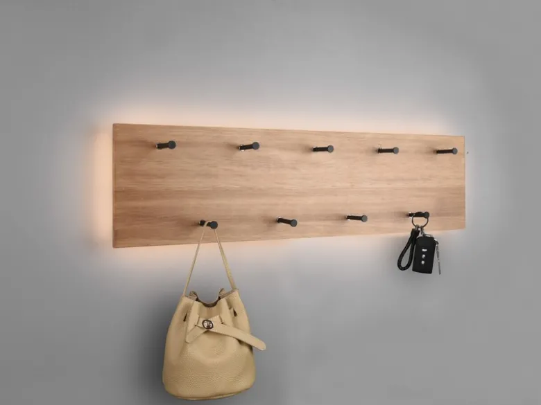 LED Holzbalken Wandgarderobe SAMANTHA mit 9 Haken 75x30cm