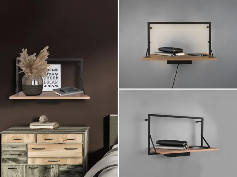 LED Wandregal 2er SET mit Beleuchtung aus Metall schwarz & Holz 50cm breit