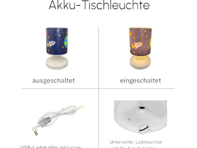 LED Akku Tischleuchte mit Weltall Motiven per USB aufladbar, Höhe 20cm