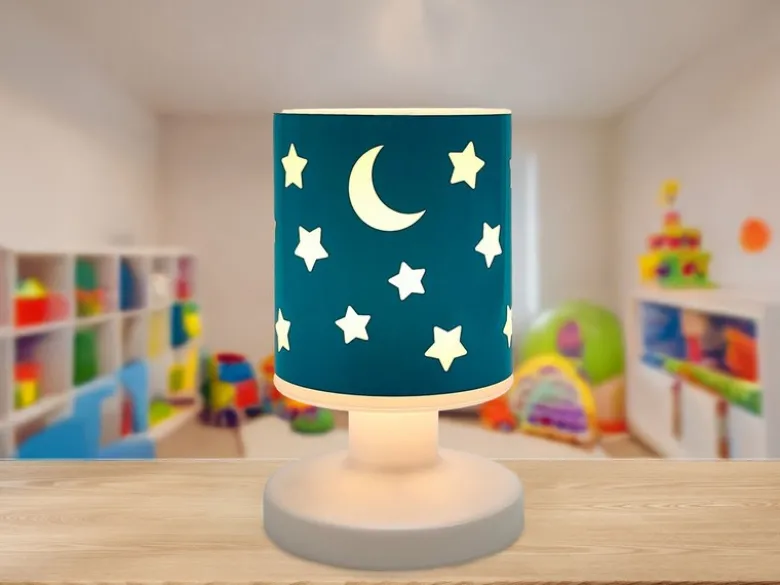 LED Akku Tischleuchte Petrol mit Mond & Sternen per USB aufladbar, Höhe 20cm