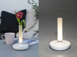 LED Außentischleuchte und Blumenvase BIARRITZ mit Akkubetrieb, Weiß Höhe 20cm
