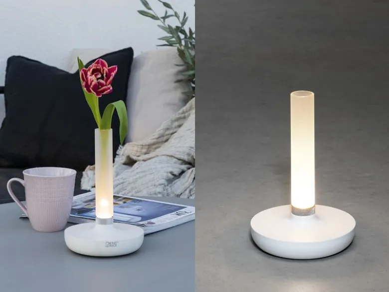 LED Außentischleuchte und Blumenvase BIARRITZ mit Akkubetrieb, Weiß Höhe 20cm