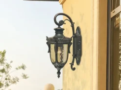 LED Außenwandlaterne im Jugendstil mit Amberglas, hängend Höhe 43cm