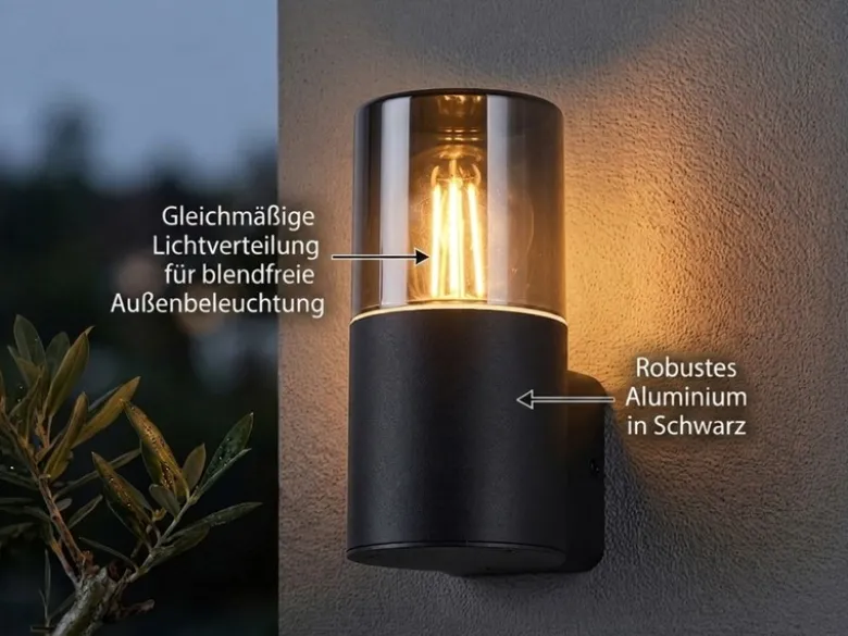 LED Außenwandleuchte Aluminium Schwarz & Rauchfarbig E27, Höhe 17,5cm