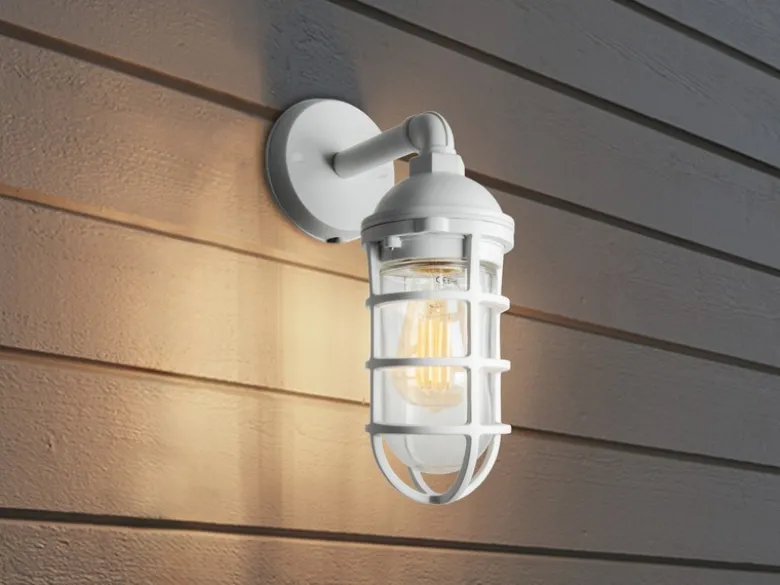 LED Außenwandleuchte aus Aluminium Weiß & Klarglas, Höhe 33cm