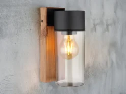 LED Außenwandleuchte aus Edelstahl in Holzoptik mit rauchfarbigem Glas H:22,5cm