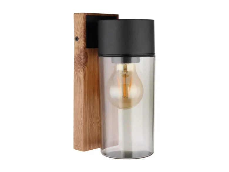 LED Außenwandleuchte aus Edelstahl in Holzoptik mit rauchfarbigem Glas H:22,5cm