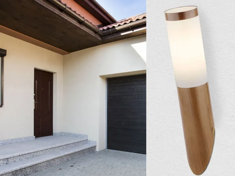 LED Außenwandleuchte aus Edelstahl in Holzoptik, Höhe 39cm