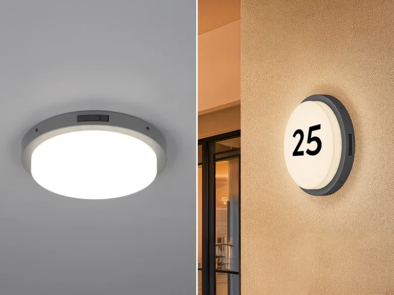 LED Außenwandleuchte BERMEJO mit Hausnummer & Bewegungsmelder Ø30cm