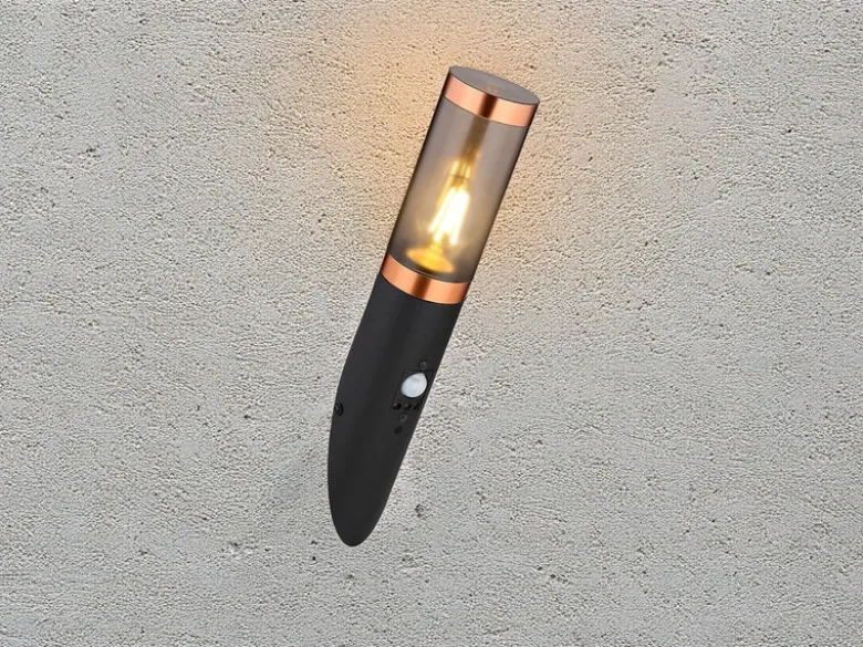 LED Außenwandleuchte in Schwarz & Kupfer mit Bewegungsmelder, Höhe 41cm