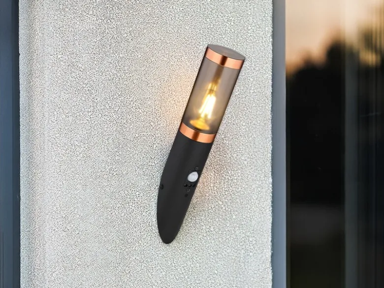 LED Außenwandleuchte in Schwarz & Kupfer mit Bewegungsmelder, Höhe 41cm