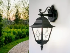 LED Außenwandleuchte Landhausstil Laterne hängend mit Bleiglas, Höhe 45cm