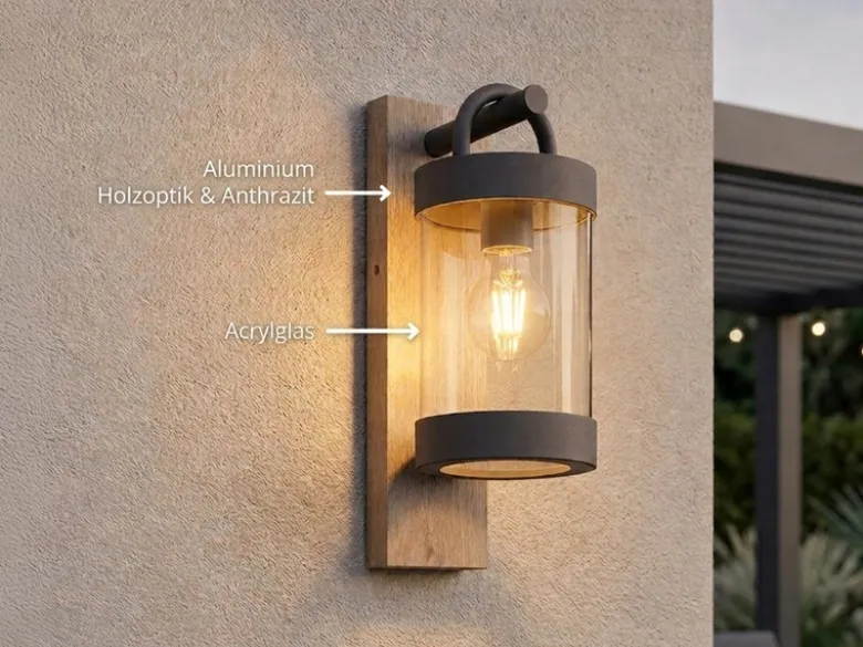 LED Außenwandleuchte Laterne im Landhausstil mit Holzoptik, Höhe 33cm