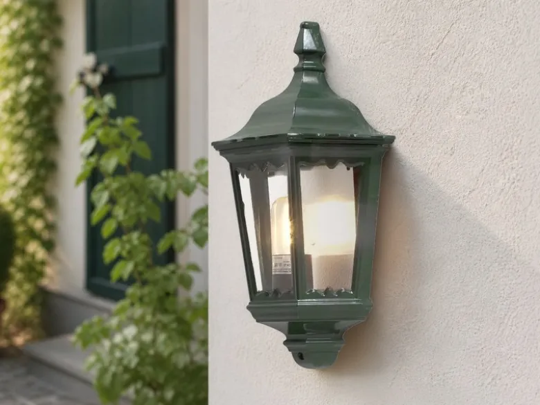 LED Außenwandleuchte Laternen Halbschale, E27, Aluminium Grün, Höhe 44,5cm