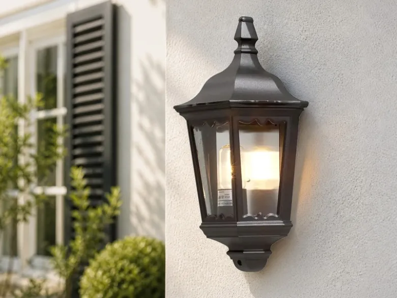 LED Außenwandleuchte Laternen Halbschale, E27, Aluminium Schwarz, Höhe 44,5cm