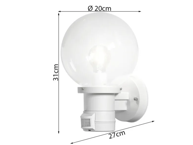 LED Außenwandleuchte mit Bewegungsmelder, Weiß mit Glas Kugel Ø 20cm