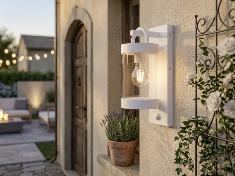 LED Außenwandleuchte mit Bewegungsmelder, Laterne Weiß, Höhe 33cm
