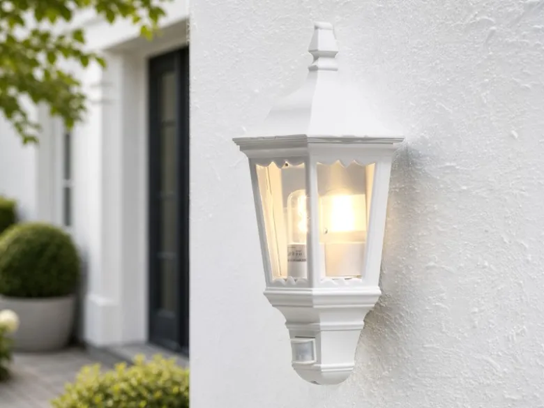 LED Außenwandleuchte mit Bewegungsmelder, Laternen Halbschale, Weiß Höhe 49,5cm