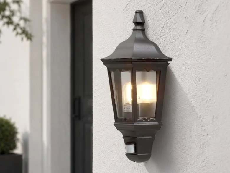 LED Außenwandleuchte mit Bewegungsmelder, Laternen Halbschale, Schwarz H: 49,5cm
