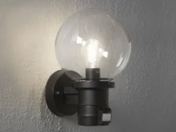 LED Außenwandleuchte mit Bewegungsmelder, Schwarz mit Glas Kugel Ø 20cm