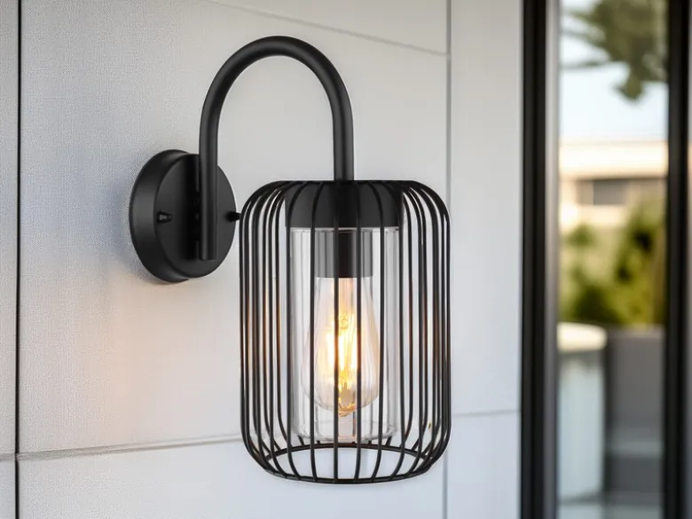 LED Außenwandleuchte mit Gitterschirm aus schwarzem Edelstahl, Höhe 32,5cm