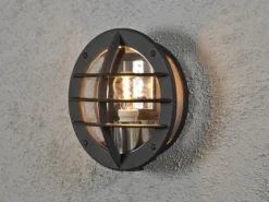 LED Außenwandleuchte mit Steckdose, Alu Schwarz & Klarglas, Ø 31cm