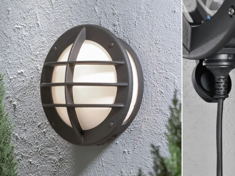 LED Außenwandleuchte mit Steckdose, Alu schwarz & Acrylglas Weiß, Ø 31cm