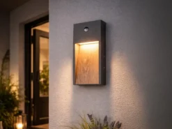 LED Außenwandleuchte SALMON mit Bewegungsmelder Anthrazit & Holzoptik, H 33cm