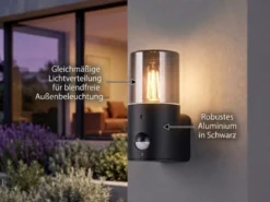 LED Außenwandleuchte Schwarz & Rauchfarbig mit Bewegungsmelder, Höhe 17,5cm