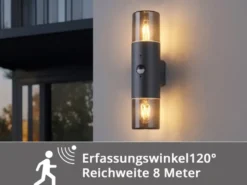 LED Außenwandleuchte Up & Down mit Bewegungsmelder, Rauchgrau Schwarz, Höhe 33cm