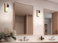 LED Bad Wandleuchte mit Holz und Schalter, 1-flammig Höhe 24cm