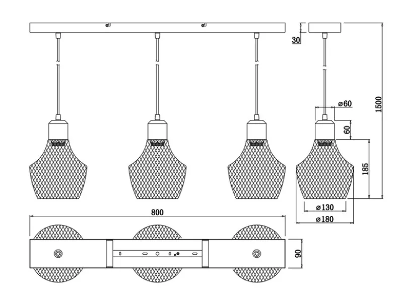 LED Balken Pendelleuchte Drahtgeflecht Schwarz mit Holz Breite 80cm