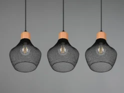 LED Balken Pendelleuchte Drahtgeflecht Schwarz mit Holz Breite 80cm