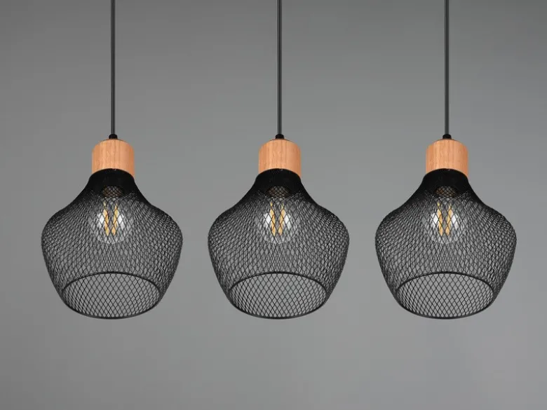 LED Balken Pendelleuchte Drahtgeflecht Schwarz mit Holz Breite 80cm