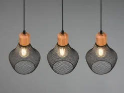 LED Balken Pendelleuchte Drahtgeflecht Schwarz mit Holz Breite 80cm