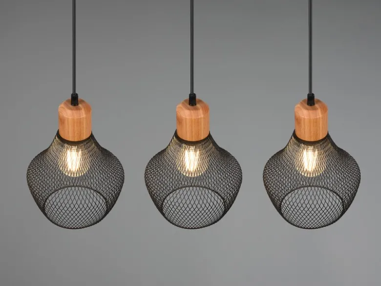 LED Balken Pendelleuchte Drahtgeflecht Schwarz mit Holz Breite 80cm