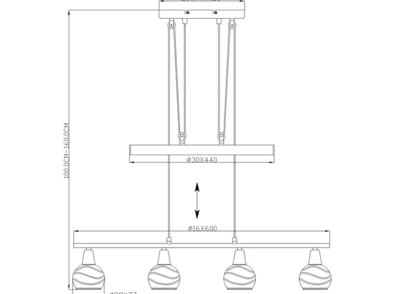LED Balkenpendelleuchte ELLIOT 4-flammig, höhenverstellbar bis 160cm, B: 60cm