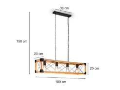 LED Balken Pendelleuchte 4 flammig Schwarz mit Holzbalken, Breite 100cm
