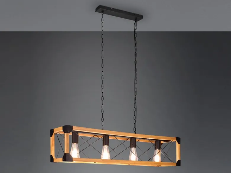 LED Balken Pendelleuchte 4 flammig Schwarz mit Holzbalken, Breite 100cm