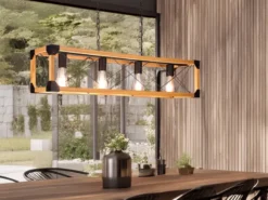 LED Balken Pendelleuchte 4 flammig Schwarz mit Holzbalken, Breite 100cm